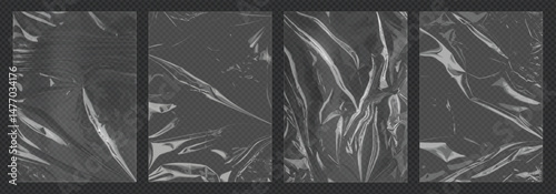 Overlay texture in transparent plastic wrap and stretched polyethylene or cellophane cover. Warped or torn paper background pattern. Retro wrinkled plastic film or foil for product packaging business.