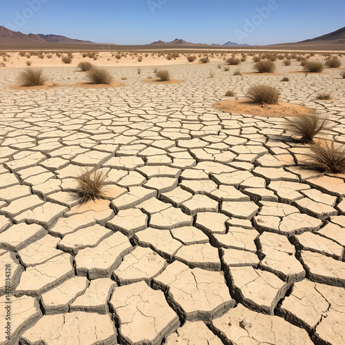A parched desert landscape with cracked earth and dying vegetation portrays the severity of prolonged droughts due to climate change.