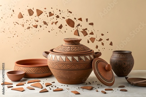 Ancient pottery art broken clay pots shards ceramic vessel still life