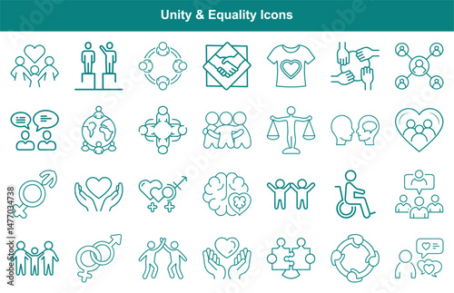 Collection of Line Art Icons Representing Diversity, Equality, and Social Justice Concepts