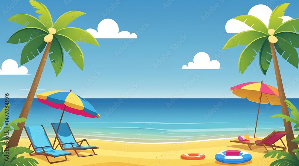 Fototapeta premium Illustration of a bright tropical beach with lounge chairs, colorful umbrellas, coconut trees and buoys on yellow sand