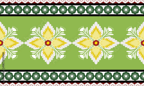 The red border carpet pattern has a row of floral patterns in a row and in the middle of the white and yellow there are beautiful flowers arranged in an orderly manner. Fabric patterns, vectors, green
