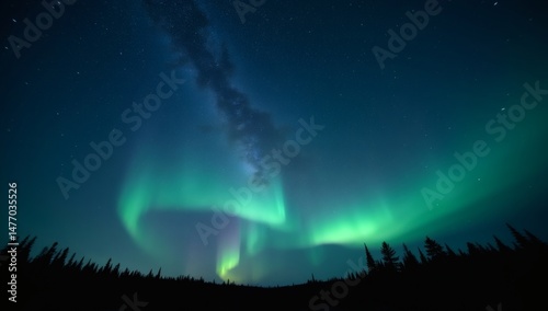 Wallpaper Mural Beautiful display of the aurora borealis above a dark forest. The glowing green and purple lights swirl across the starry sky, offering a breathtaking celestial show Torontodigital.ca