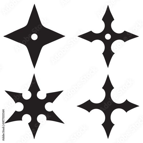 Four Different Styles of Black Shuriken Ninja Stars