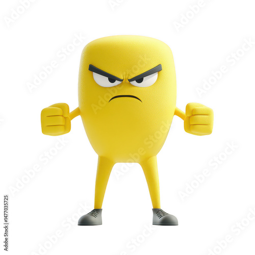 A bold, animated yellow character with an angry expression, fists clenched, standing firm against a white isolated background.