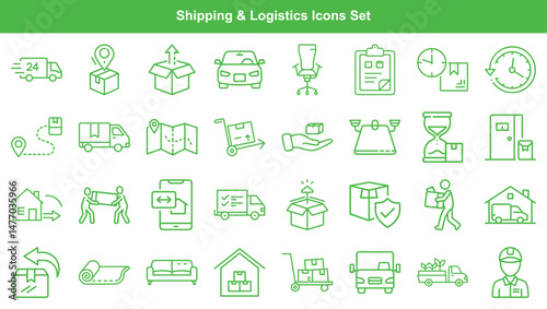 Collection of Shipping, Delivery, and Logistics Icons Representing Various Aspects of Transportation