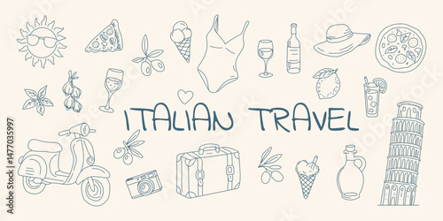 A blue and white poster with a variety of Italian travel items such as a scooter, a suitcase, a wine glass, a hat, and a pizza