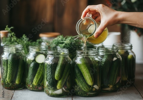 Hand pouring brine into glass jars for homemade cucumber pickling with fresh herbs