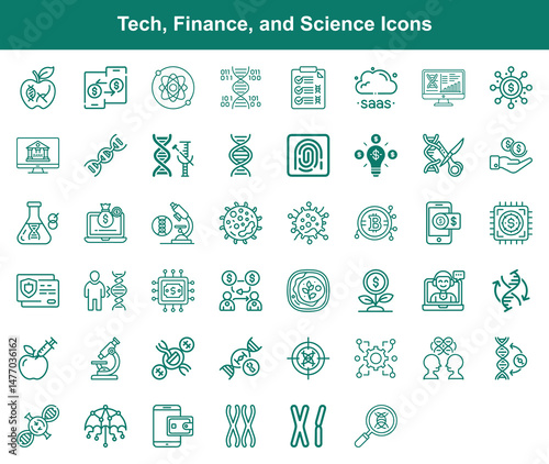 Collection of Technology, Finance, and Science Icons Depicting Innovation, Research, and Modern Business