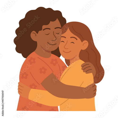 Two smiling women hugging each other with eyes closed, showing love, trust, and emotional support.