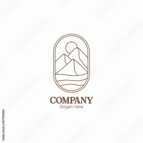 Elegant Mountain and Sun Logo Design for Company Branding featuring minimalist line art and a serene landscape.