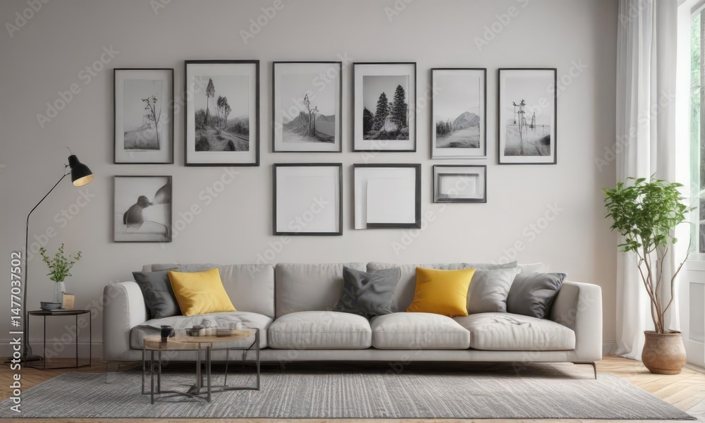 Fototapeta premium Bright living room, minimalist gallery wall mockup with empty black frames, home decor, home, interior