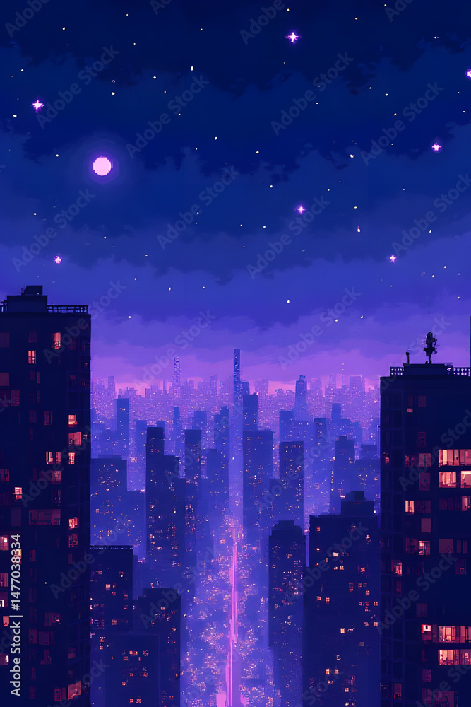 Fototapeta premium Pixel art nightscape urban city digital artwork vibrant environment aerial view serene concept