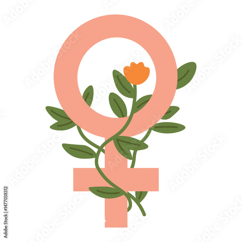 Soft flat Venus sign with orange flower and green leaves, symbolizing femininity and growth.
