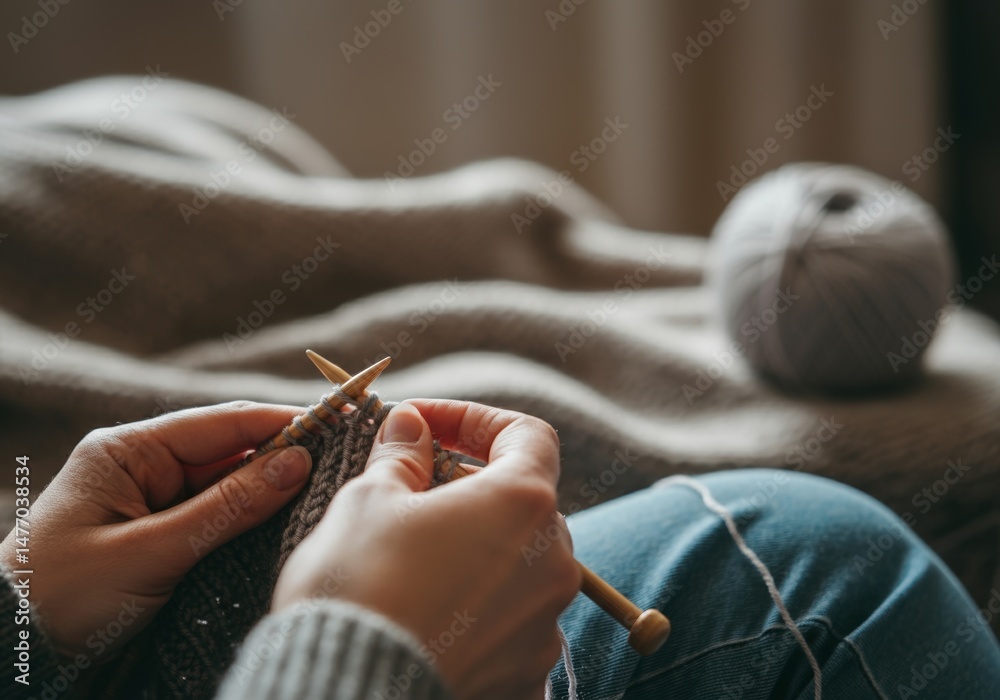 Obraz premium Close-up of hands knitting with wooden needles and soft yarn on a cozy couch