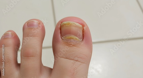 Realistic close-up of a fungal nail infection, emphasizing the brittleness, thickening, and uneven surface of the toenail, with a clean ceramic floor as a background.