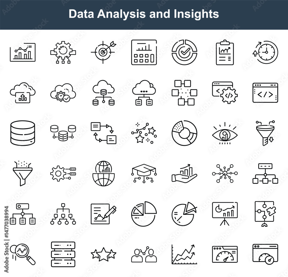 Data Analysis and Business Intelligence Outline Icons for Reporting, Analytics, and Strategic Insights Data Analysis and Business Intelligence Outline Icons for Reporting, Analytics, and Strategic Insights