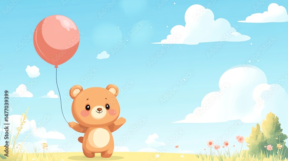Fototapeta premium A cheerful, cartoon bear clutches a vibrant red balloon, suggesting a playful and whimsical scene.