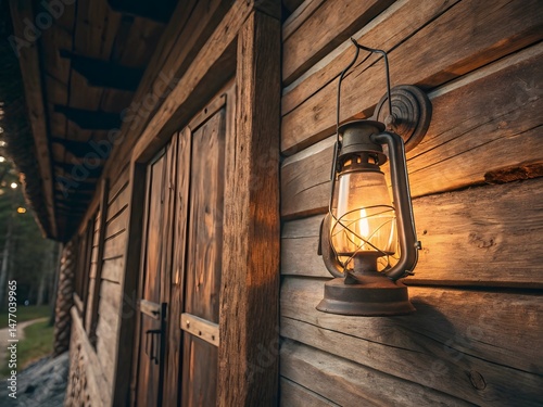 Rustic cabin with lantern lighting, wooden wall and door, vintage style