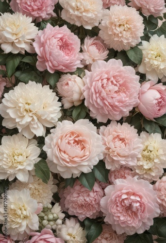Muted pastel pink roses, peonies, hydrangeas form a vintage floral wall backdrop , pretty, delicate, pink roses