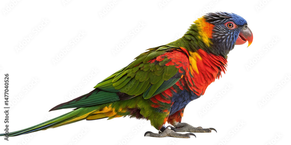 Obraz premium A vibrant, colorful exotic parrot perched gracefully against a clean white background. png. A perfect representation of a tropical pet in stunning detail.