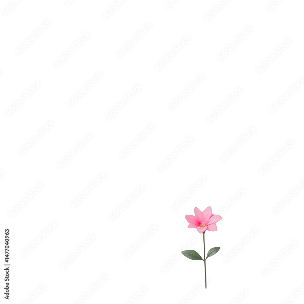 Naklejka premium A delicate pink flower with green leaves against a white isolated background, perfect for representing beauty and nature in designs and projects.