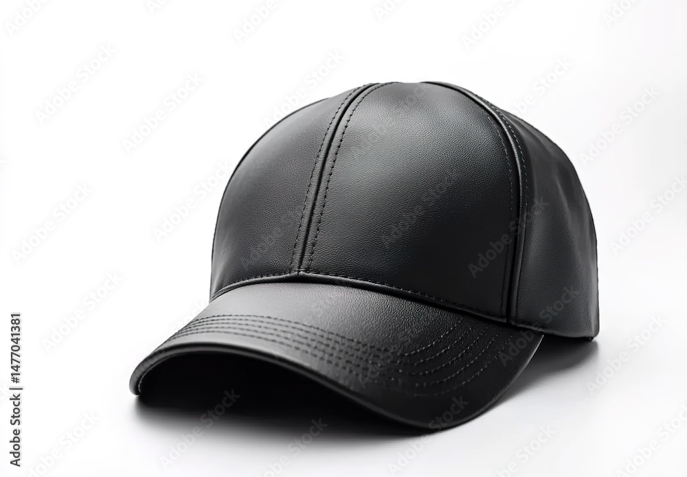 Fototapeta premium Black leather baseball cap with stitching and curved brim on white background.