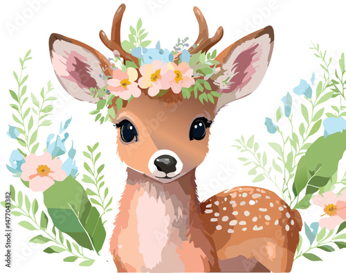 Tiny deer with a crown of pastel flowers, drawn with a delicate organic line art style. A perfect addition to children's products, greeting cards, and storybook designs.