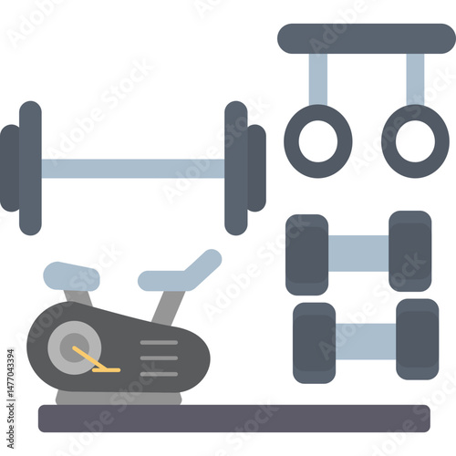 Gym Equipment Icon � Stationary Bike, Barbell, Fitness Tools