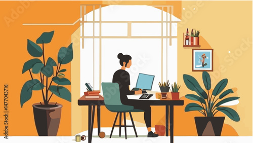 Woman_Working_From_Home_Office_Setup_with_Desk_Plants_and_Laptop_in_Cozy_Room_Illustration_for_Remote_Work_Productivity_and_Comfortable_Workspace