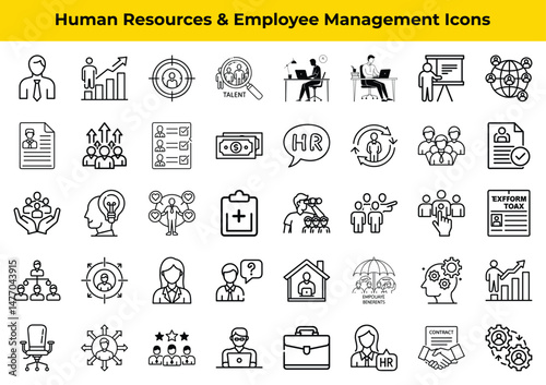 Human Resources Icons Employee Management and Recruitment, Job Benefits, Workplace Productivity, and Professional Development