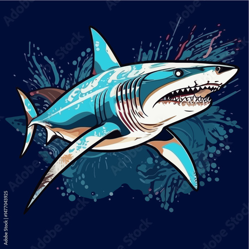 Awesome Shark Illustration_Featuring a Great White Shark_Detailed Graphics with Striking Blue Accents_Explore Underwater Wildlife with this Cool Shark Artwork_Marine Art