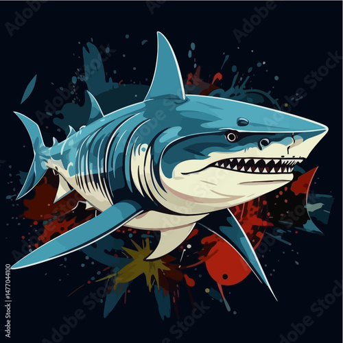 Cartoon Shark with Abstract Paint Background_Illustration of a Shark with Sharp Teeth_Aggressive Blue Shark Art_Sea Predator with Artistic Splatter_Ocean Life Artwork