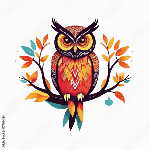 Colorful Owl Illustration_Whimsical Bird on Branch_Autumn Leaves_Detailed Owl Art_Nature Inspired Artwork_Unique Owl Design_Striking Colors_Elegant Owl Image