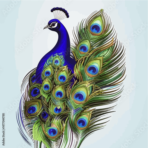 Elegant Blue Peacock Illustration_Detailed Peacock Feathers Artwork_Stunning Bird Drawing with Vibrant Colors_Beautiful Peacock for Art and Design Projects_Royalty Free Image