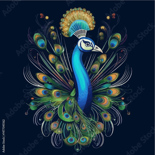 Majestic Peacock Illustration_Vibrant Feathers_Elegant Bird Art_Beautiful Blue Green Plumage_Ornate Design_Exotic Wildlife Image_Nature Inspired Artwork_Detailed Digital Painting
