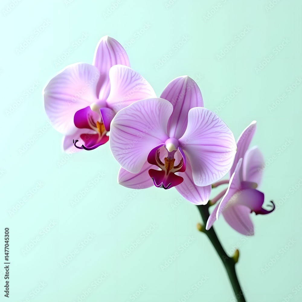 Graceful Purple Orchids Ascending on Pale Mint Background Graceful Purple Orchids Ascending on Pale Mint Background