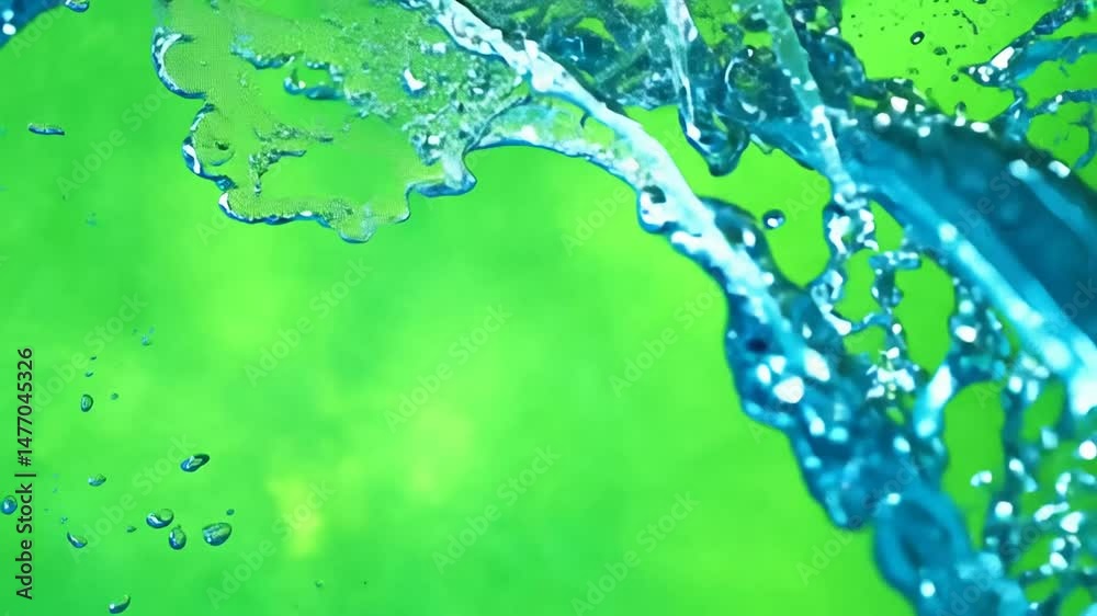 Splashing water on vibrant green background creating freshness