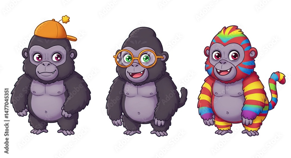 Fototapeta premium Three Cute Gorillas Cartoon Characters Illustration