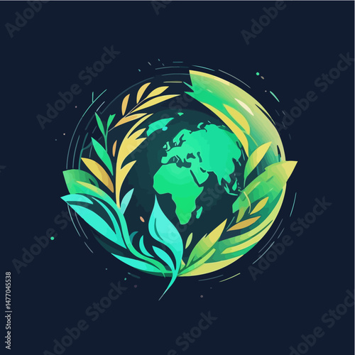 Sustainable World Illustration_Green Earth with Foliage_Eco Friendly Concept_Planet Conservation Graphic_Global Sustainability Design_Environmental Awareness Image