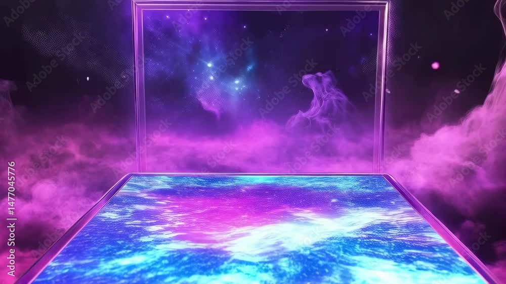 Surreal digital portal presents a nebula-filled view of space, framed by dreamy violet clouds and ethereal cosmos elements.