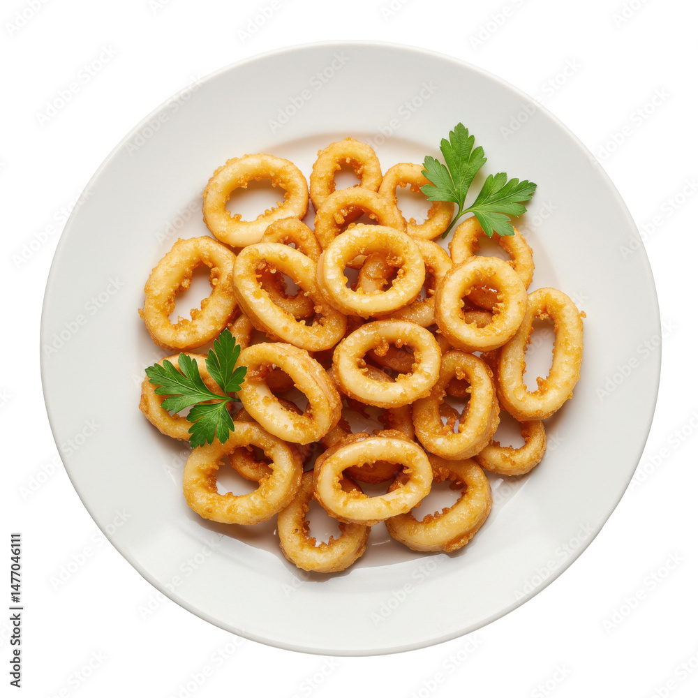 Crispy golden onion rings served on a white plate with parsley garnish Crispy golden onion rings served on a white plate with parsley garnish