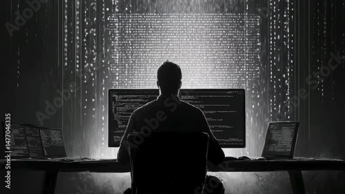 Pencil drawing, cyber security concept: A programmer sits in front of a large computer screen, writing code as numbers and passwords fly across the screen.