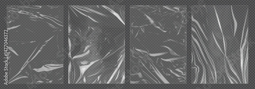 Plastic wrap overlay texture, stretched plastic wrinkle effect, transparent polyethylene or cellophane cover, realistic warped plastic film, bag or torn foil paper background for packaging business.