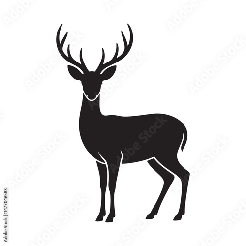 Silhouette of deer with antlers isolated on white background, wildlife animal vector illustration.
