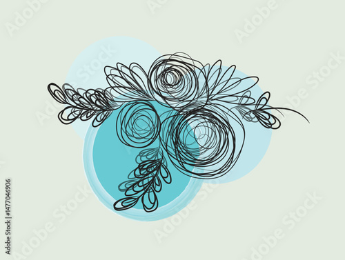 Abstract Floral Design with Teal Circles and Black Line Art