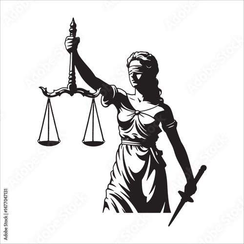 Lady Justice holding balance scale and sword silhouette illustration isolated on white background.