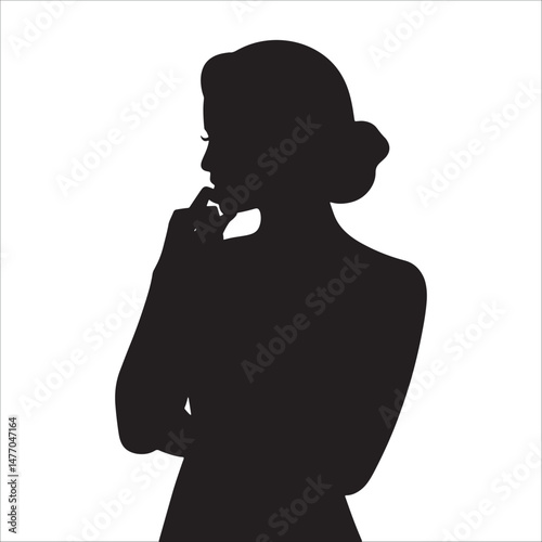 Thinking woman silhouette in profile view with hand on chin isolated on white background.