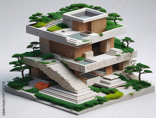 Stepped Japandi House with Open Terrace and Zen Garden – Isometric 3D Render