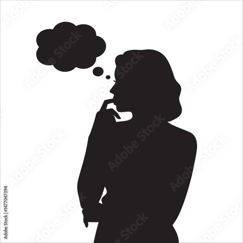 Thinking woman silhouette in profile view with hand on chin isolated on white background.